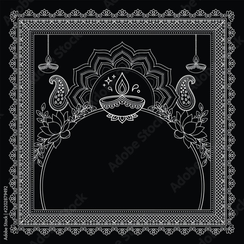 Elegant Diwali Mandala Frame with Traditional Diya and Lotus Line Art