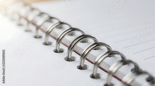 Macro shot of silver metal spiral binding on a blank white lined notebook, close up view of ring binder on professional journal for business notes, education, planning, and creative writing.