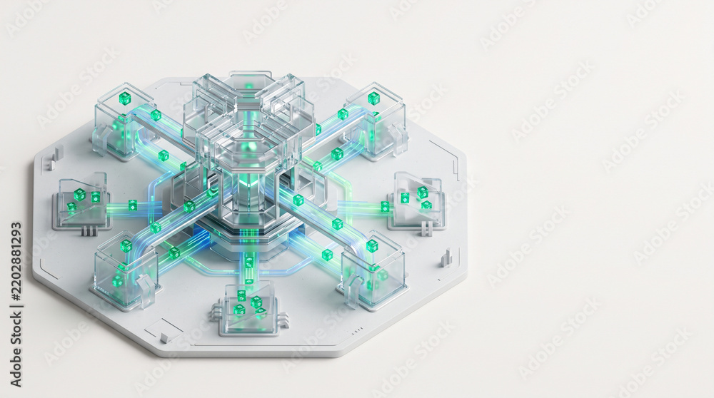 Fototapeta premium Isometric 3D render of tier one glass central banking core distributing glowing emerald currency nodes across regional clearing pods on off white backdrop with copy space