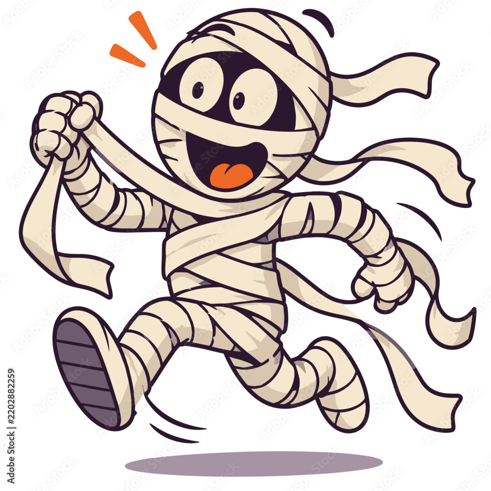 Fototapeta premium Happy cartoon mummy character running and jumping with bandages flying