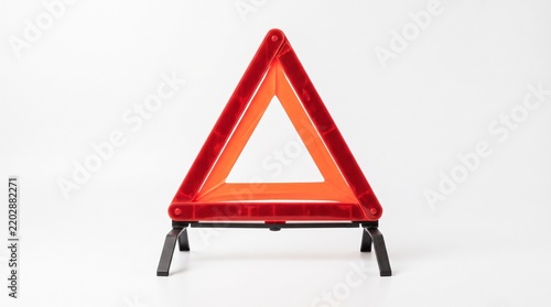 Red reflective emergency warning triangle for vehicle breakdown isolated on a white background