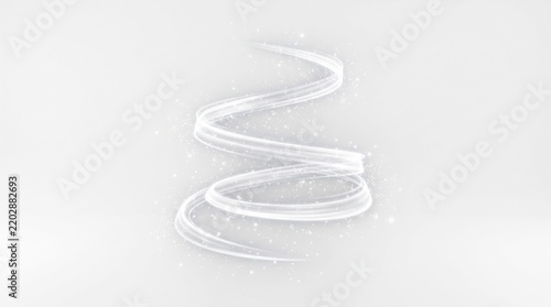 Abstract silver light ribbon spiral with glowing particles on a clean white background
