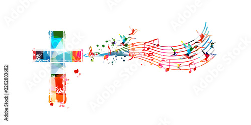 Colorful christian cross with music notes isolated vector illustration. Religion themed background. Design for gospel church music, concert, festival, choir singing, Christianity, prayer