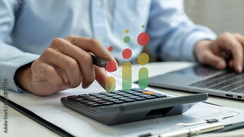 Close-up of Business Professional Analyzing Financial Data with Digital Holographic Chart and Calculator