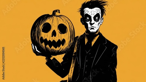 Spooky figure with dark makeup and wild hair holding carved pumpkin jack-o-lantern on orange background Halloween theme