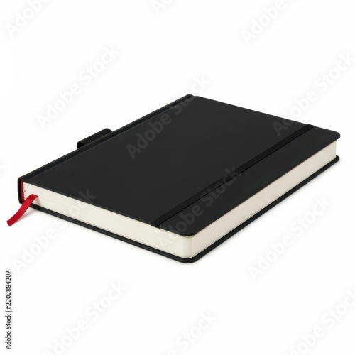 Black notebook with red elastic band closure