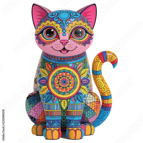 Day of the Dead Sugar Skull Cat Illustration with Ornamental Floral Patterns