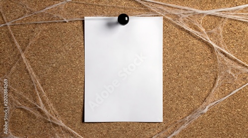 Blank White Paper Sheet Pinned on Corkboard Background Covered with Spooky Spider Webs, Mockup for Forgotten Message, Abandoned Notice or Halloween Announcement Template with Copy Space