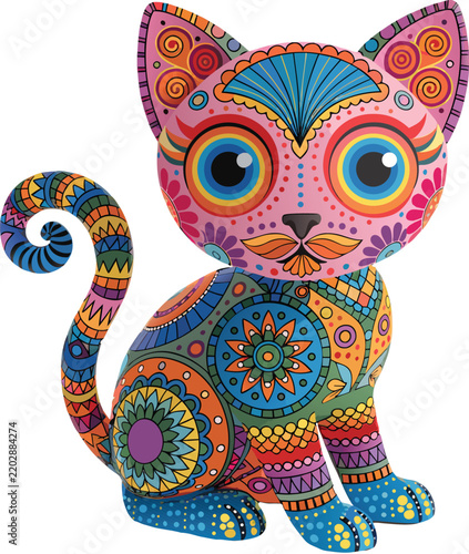 Colorful Folk Art Cat Statuette Clipart with Traditional Mexican Patterns for Print Design