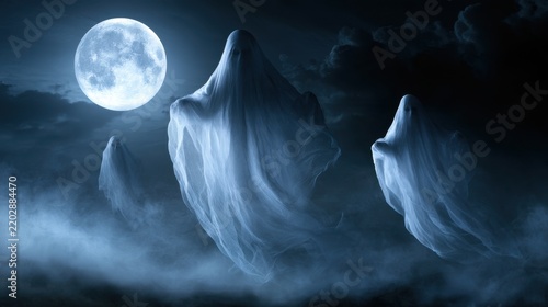 Spooky ghost figures floating at night under full moon with dark cloudy sky and eerie misty landscape