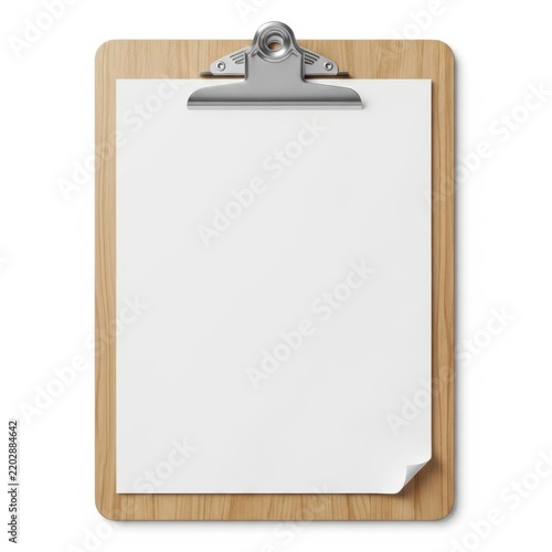 Clipboard with paper on wooden stand