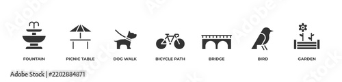 Park and Outdoor Recreation Icons set vector illustration glyph with  Fountain, Picnic table, Dog walk, Bicycle path, Bridge, Bird, Garden