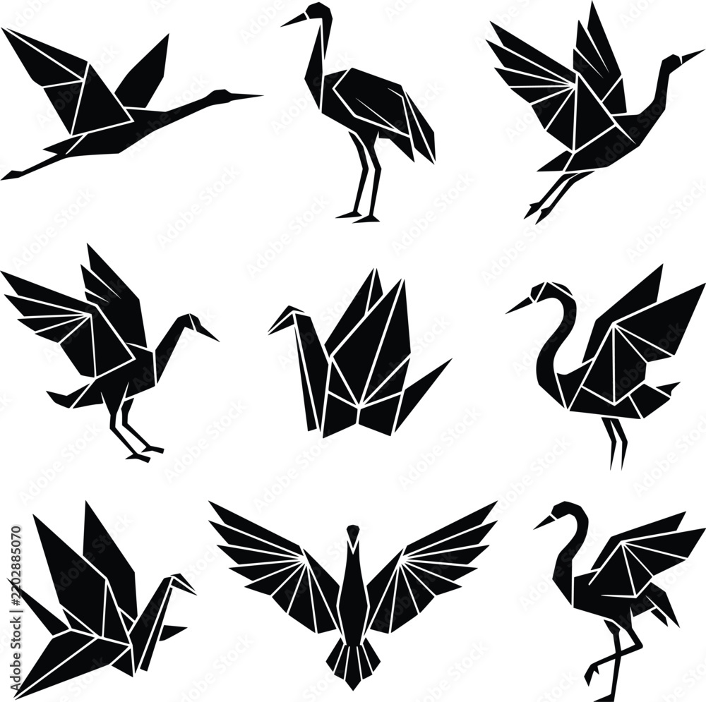 Fototapeta premium Origami cranes in various flight poses as geometric black silhouettes against a white background for modern design