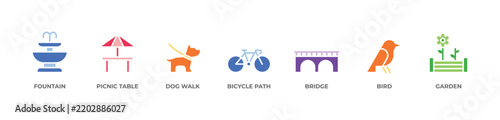 Park and Outdoor Recreation Icons set vector illustration glyph colorwith  Fountain, Picnic table, Dog walk, Bicycle path, Bridge, Bird, Garden