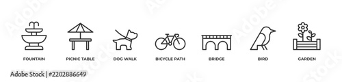 Park and Outdoor Recreation Icons set vector illustration outline with  Fountain, Picnic table, Dog walk, Bicycle path, Bridge, Bird, Garden