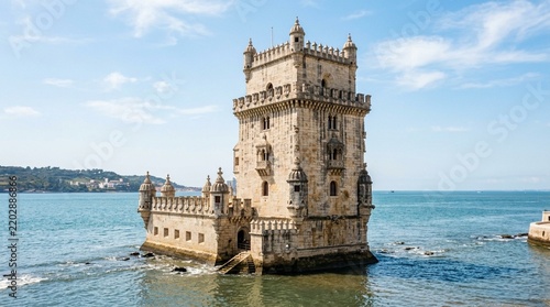 Historic Belém Tower in Lisbon, Portugal, standing in the Tagus River under a blue sky.
