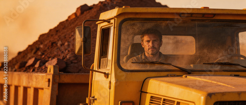 Driver inside yellow dump truck cab near large dirt pile at sunset