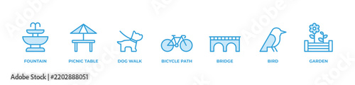 Park and Outdoor Recreation Icons set vector illustration outline blue with  Fountain, Picnic table, Dog walk, Bicycle path, Bridge, Bird, Garden