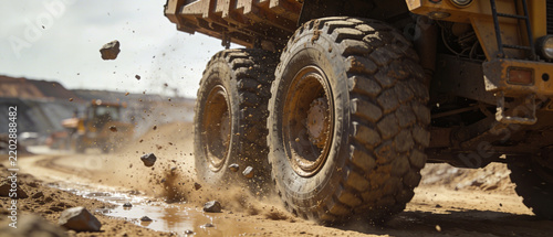 Large industrial dump truck driving on muddy road kicking up dust and rocks