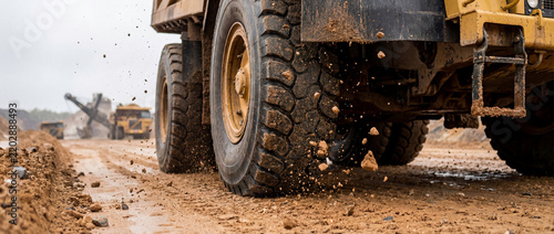 Large yellow mining truck wheel driving on muddy dirt road
