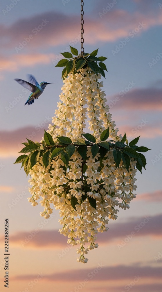 Fototapeta premium Small blue hummingbird hovers near white jasmine flower chandelier hanging on chain. Tiny bird flies near blooming jasmine plant against sunset sky. Tropical bird seeks nectar from fragrant white