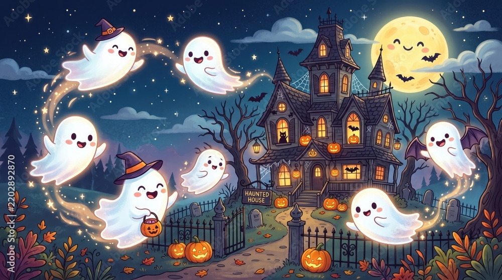 Obraz premium Cartoon ghosts and jack-o'-lanterns celebrating Halloween night around a haunted house with autumn leaves