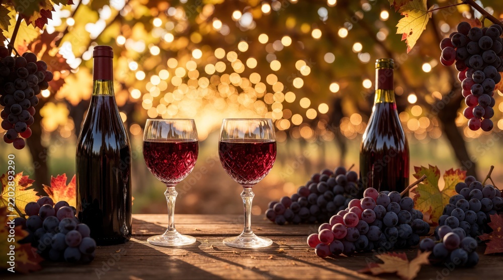 Obraz premium Two crystal wine glasses filled with deep red wine sit on rustic wooden table next to bottle, fresh grapes. Grapes hang from vines in background with bokeh lights. Evokes sense of celebration,