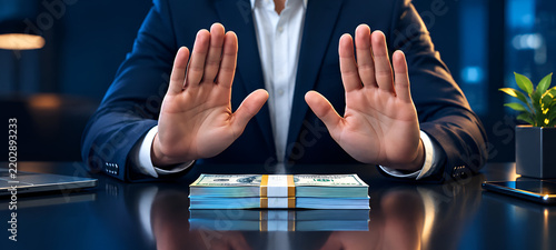 Businessman Hands Making Stop Gesture to Stack of Money Cash Anti Corruption Bribery Refusal Concept
