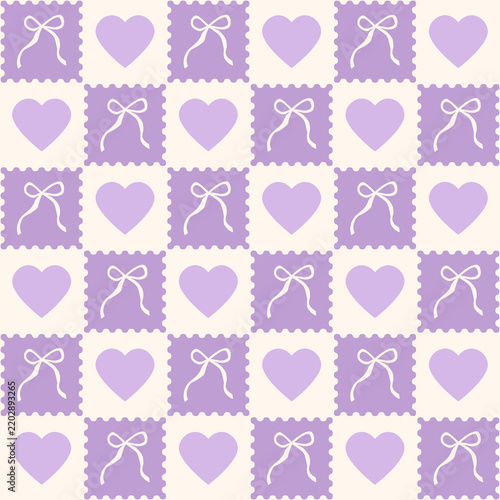 Seamless purple checkered pattern with white ribbon bows inside scalloped postage stamp frames and purple hearts on cream tiles for Valentine's Day, wedding invitations, wrapping paper, textile print
