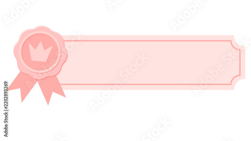 Pink award ribbon banner label vector with crown seal badge. Cute pastel frame template for sales promotion, guarantee badge, price tag, discount offer, and royal certificate.