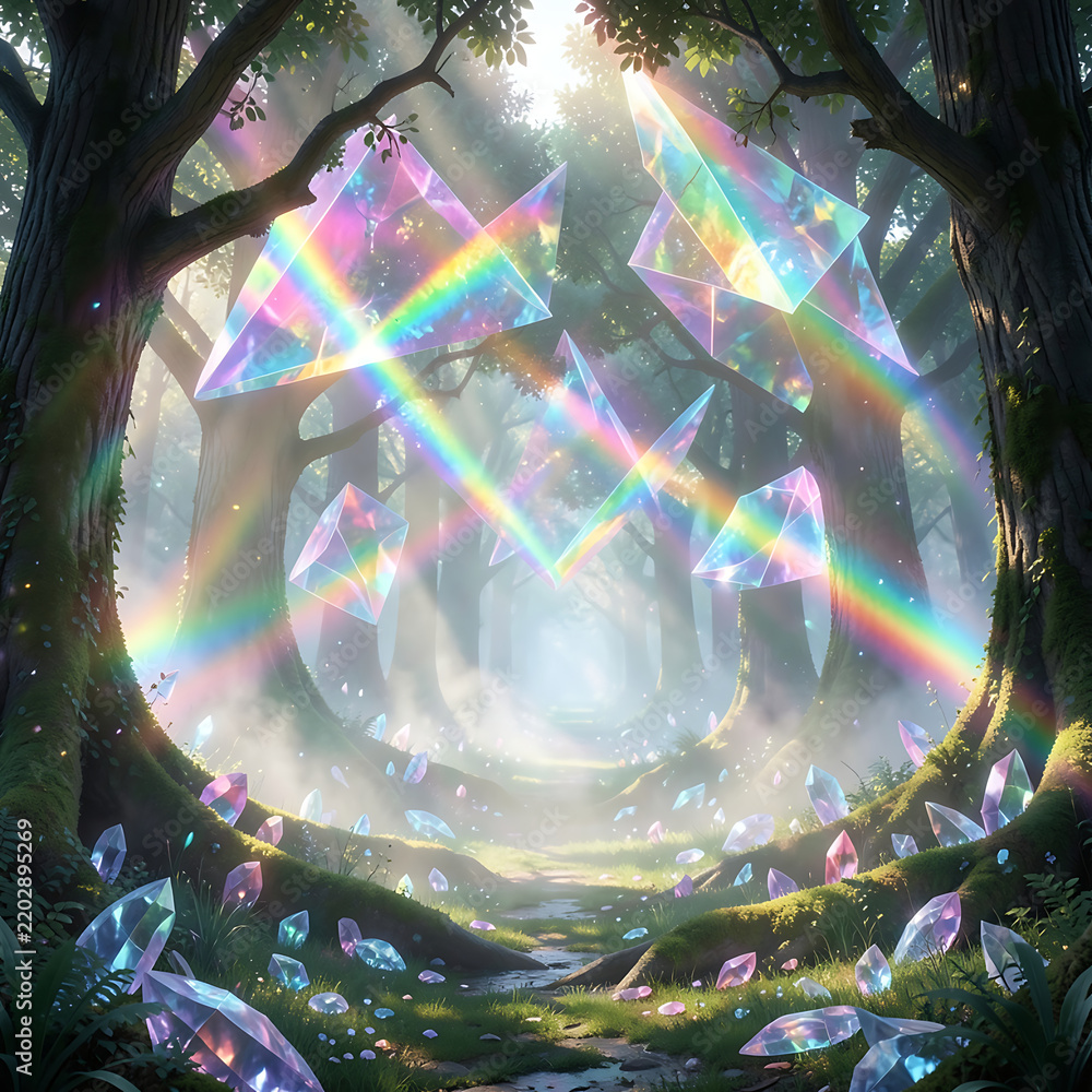 Fototapeta premium Magical Enchanted Forest Landscape with Floating Prismatic Crystals and Radiant Light Rays