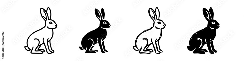 Obraz premium Set of hare and rabbit illustrations in various black and white styles, including outline, silhouette, and hand-drawn sketch, isolated on a white background.