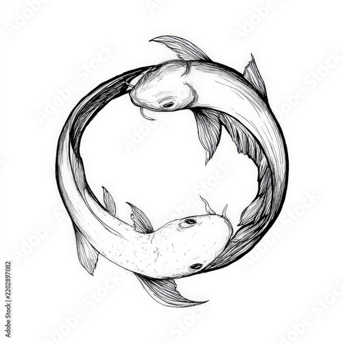 Two koi fish in a circular formation, depicted in a sketch style, symbolizing balance and harmony