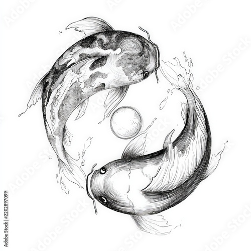Two Koi fish swimming in a Yin and Yang formation, symbolizing balance and harmony