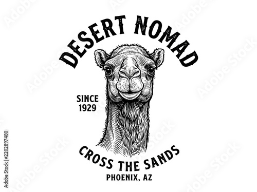 Desert Nomad Vector Emblem Illustration Featuring a Detailed Camel Portrait Isolated on a White Background