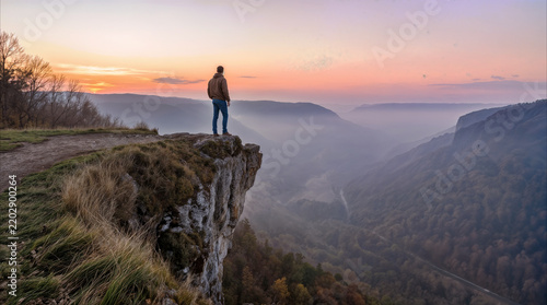 Hiker standing on cliff edge overlooking misty valley at sunset. Man enjoying panoramic mountain view during golden hour.