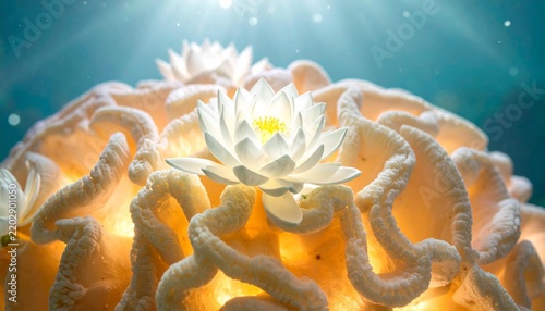 Glowing organic structure with white lotus flower