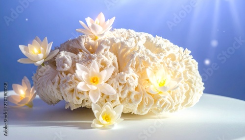 White lotus flowers on textured white coral with soft blue background