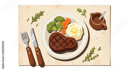 Steak Dinner Illustration with Vegetables and Sauce Vector Collection Set