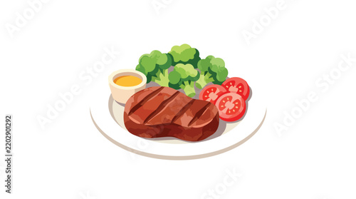 Steak Dinner Plate with Broccoli Tomatoes and Sauce Vector Illustration Collection of