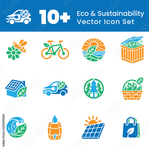 Eco and sustainability vector icon set featuring green energy, electric car, solar power, recycling, and nature symbols for printable graphic design. vector illustration 
