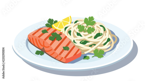 Salmon Fillet with Spaghetti Lemon Parsley Vector Illustration Set