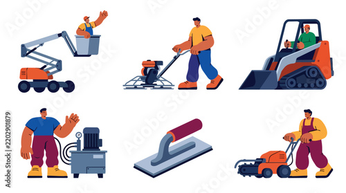 Construction Workers Using Heavy Machinery and Equipment Vector Illustration