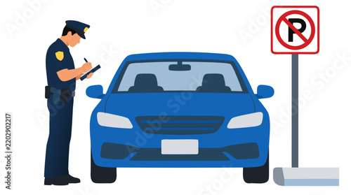 Uniformed police officer writing a parking citation ticket next to an illegally parked blue car beside a prohibitive road sign in flat vector illustration using blue and red accents