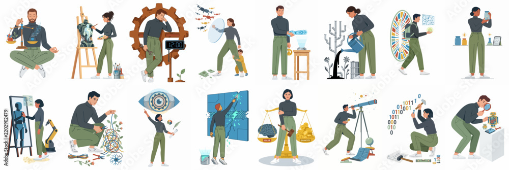 Obraz premium Conceptual Illustration Set of People Engaged in Various Professional, Creative, and Scientific Activities Representing Growth, Vision, and Analytical Thinking.
