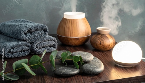 Aromatherapy spa setup with humidifier, stones, and eucalyptus