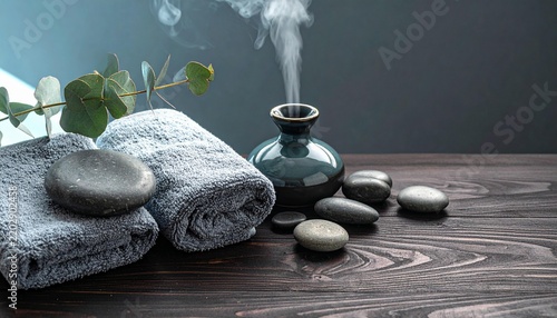 Spa aromatherapy with hot stones and eucalyptus branch