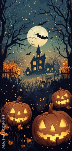 Haunted Halloween landscape with glowing pumpkins, mysterious house, flying bats and moonlit autumn night