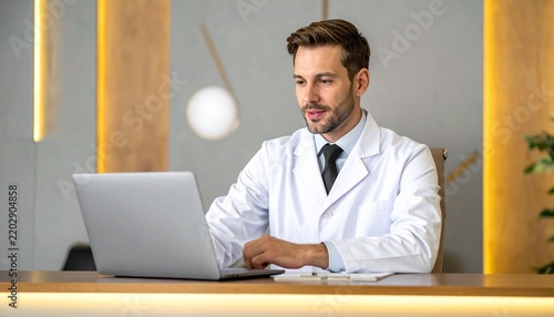 Doctor in white lab coat working on laptop in modern office
