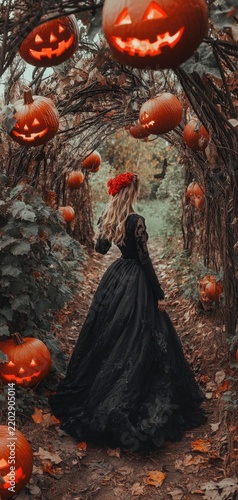 Gothic Woman with Red Flower Crown in Dark Woods Decorated with Carved Jack O Lanterns
